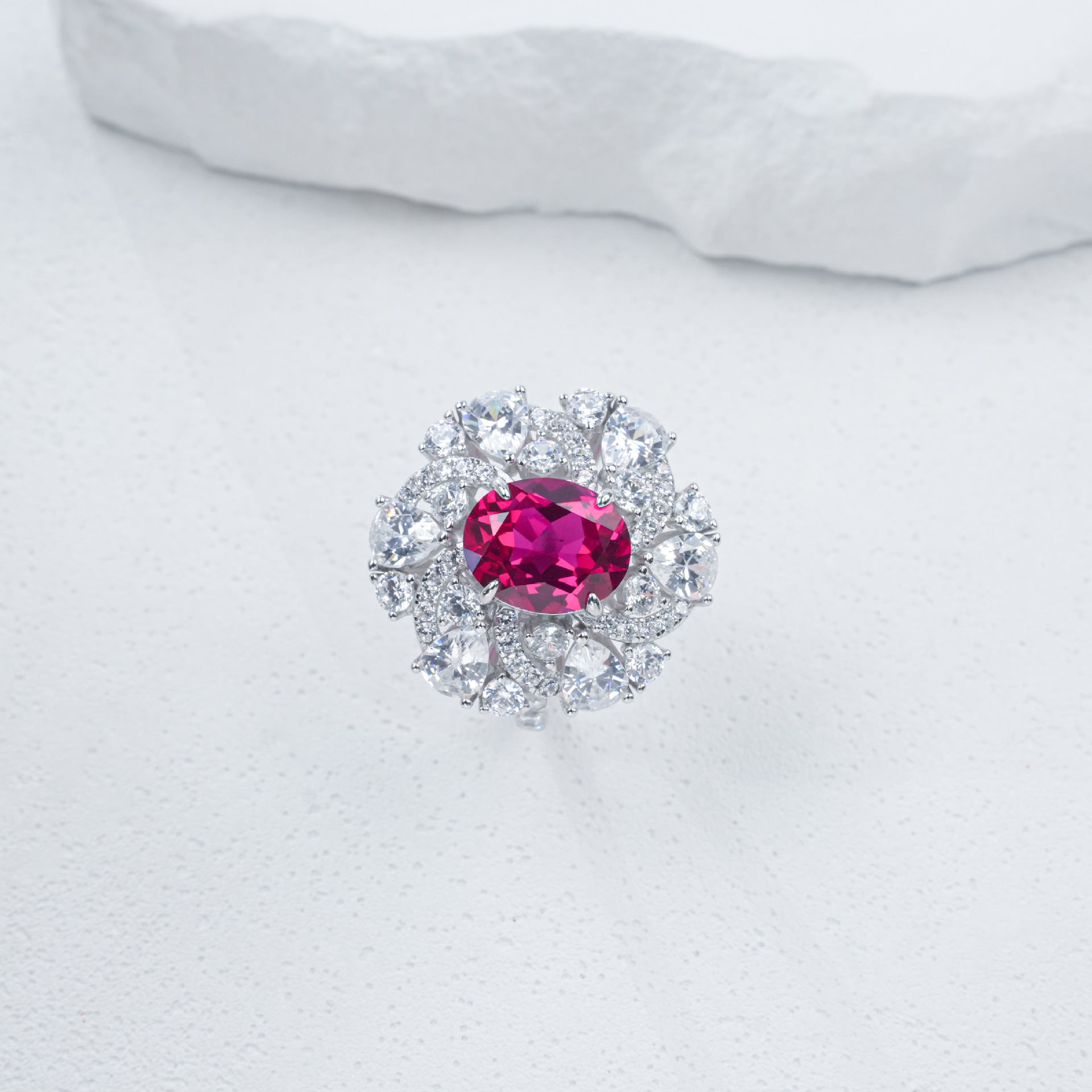 S925 Silver Oval Lab Pink Sapphire Sunflower Ring, Evening Anniversary Gift - Photo 4