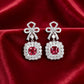 S925 Sterling Silver Lab Ruby French Vintage Bowknot Square Pave Earrings - Photo 1