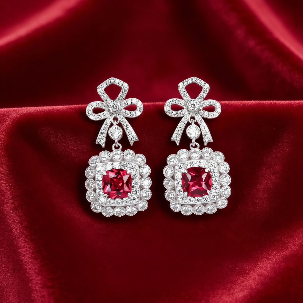 S925 Sterling Silver Lab Ruby French Vintage Bowknot Square Pave Earrings - Photo 1