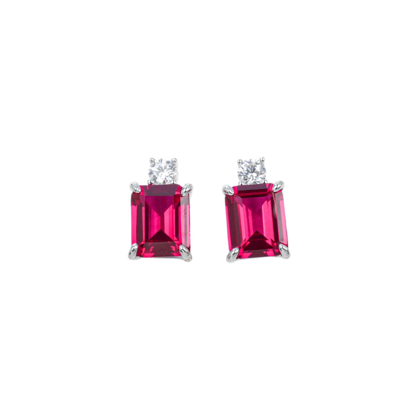 S925 Sterling Silver Lab Ruby Stud Earrings Rectangle Emerald-Cut, Simple Gemstone Earrings - Photo 5