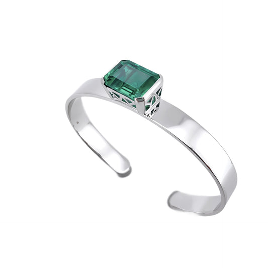 S925 Sterling Silver Lab Emerald Bangle, Premium Vintage Textured - Photo 5