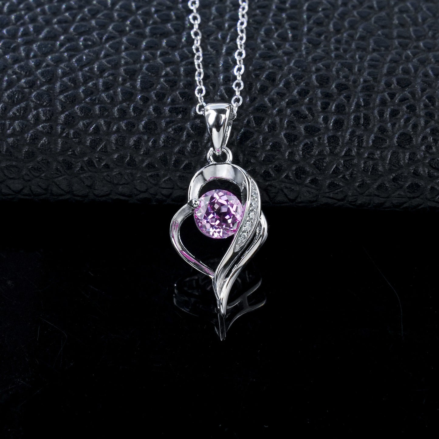 Heart Pink Gemstone Silver Necklace, Diamond Heart Pendant - Photo 1