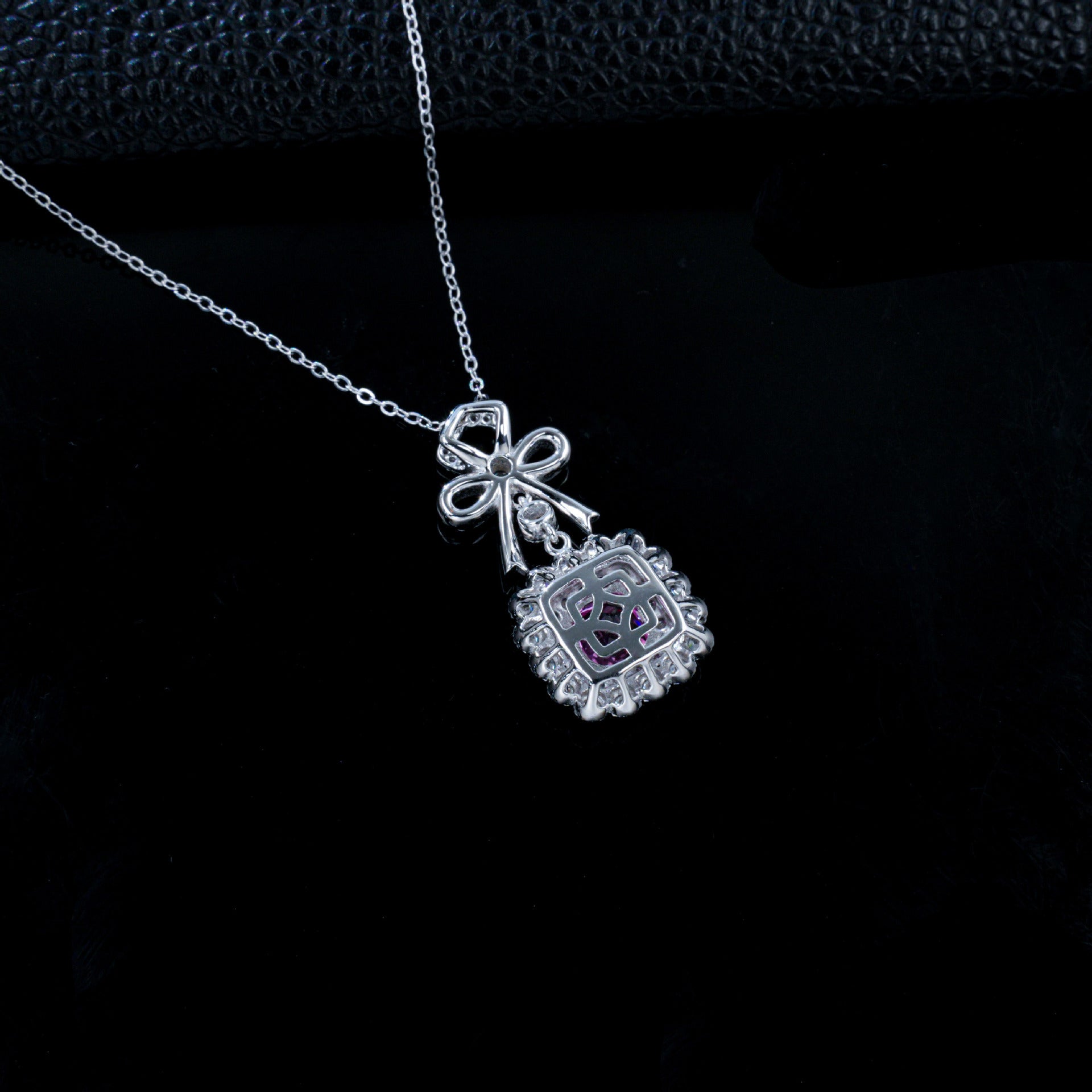 Lab Pink Sapphire Sugarloaf Pendant S925 Rhodium-Plated Bow, Choker Necklace - Photo 4