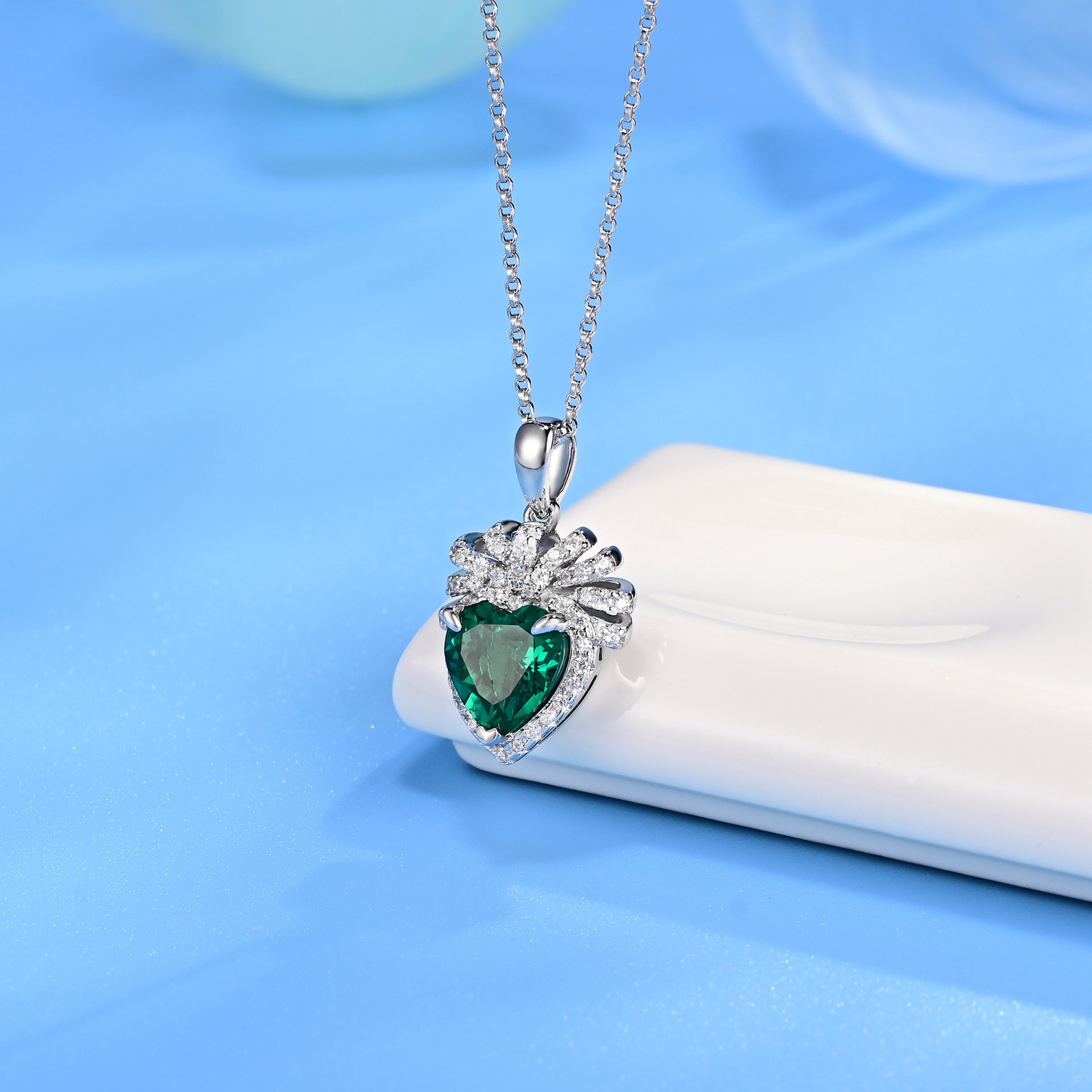 Lab Emerald Necklace S925 Silver Heart 3-Claw Diamond Cluster Love Halo, Valentine - Photo 3
