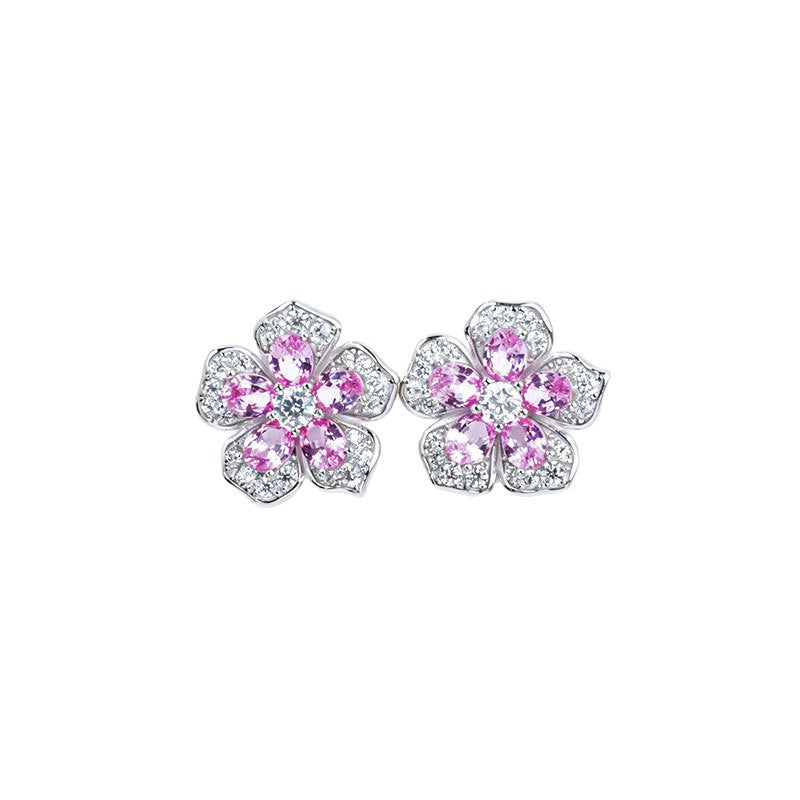 S925 Silver Sakura Stud Earrings, Lab Pink Sapphire - Photo 5