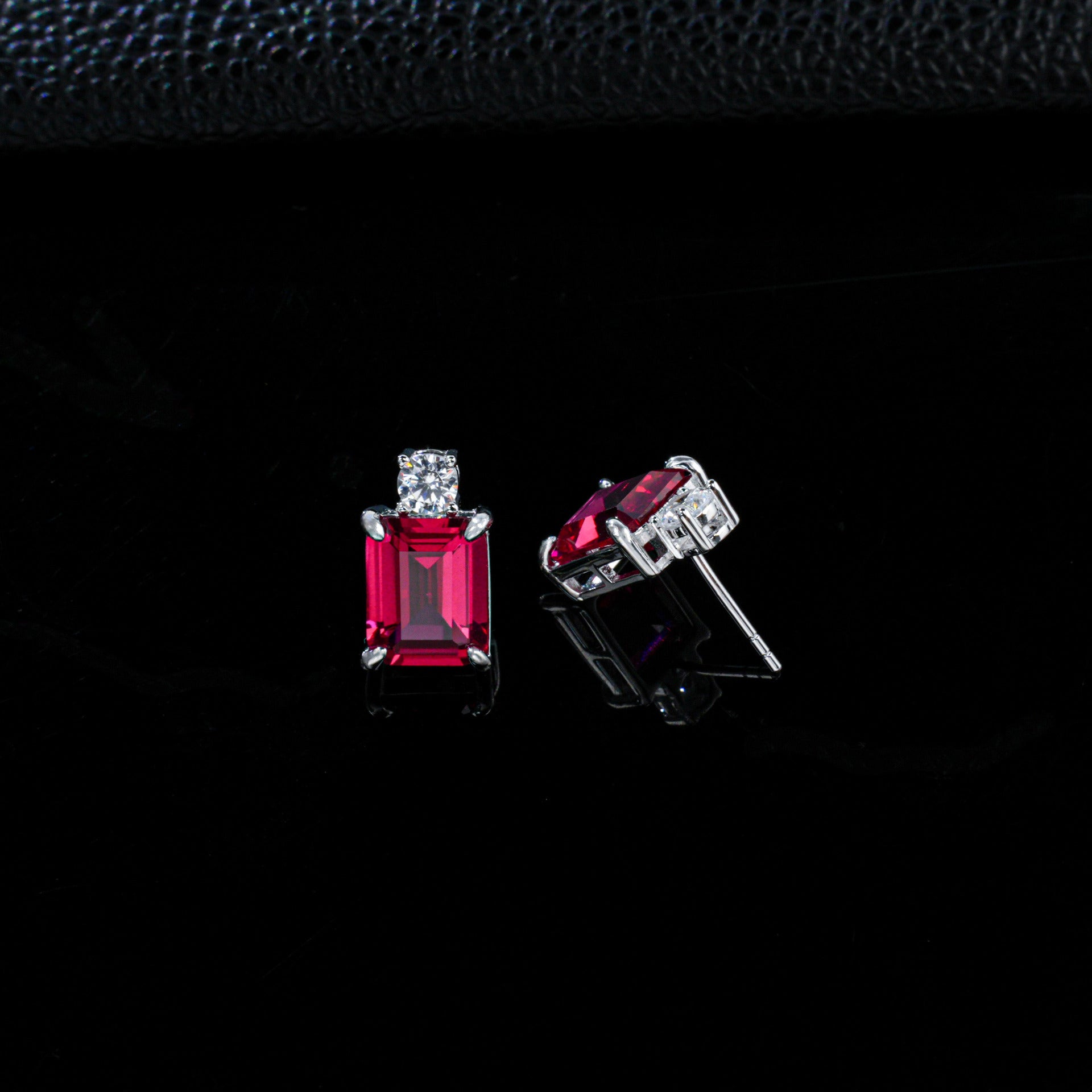 S925 Sterling Silver Lab Ruby Stud Earrings Rectangle Emerald-Cut, Simple Gemstone Earrings - Photo 4