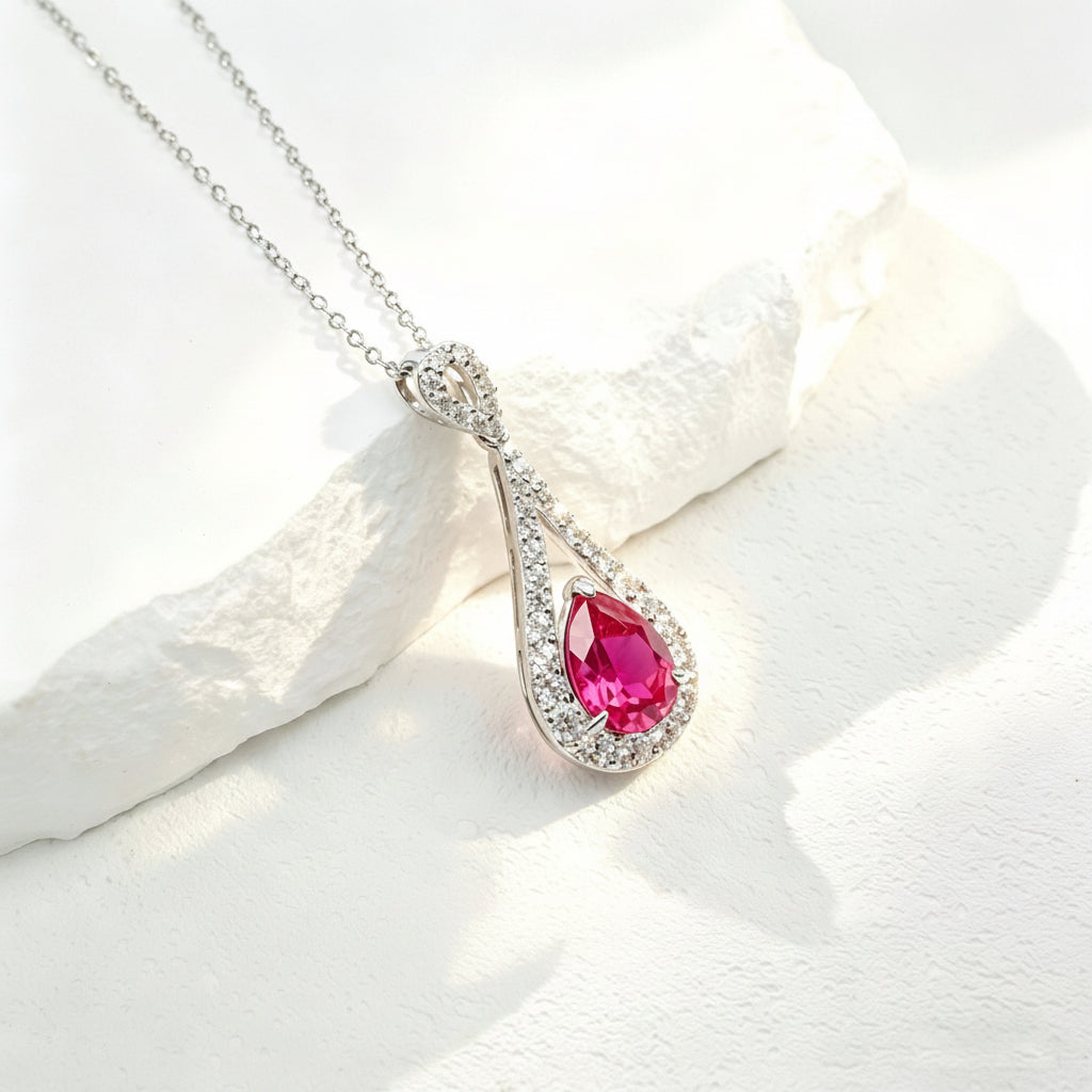 S925 Sterling Silver Lab Ruby Teardrop Necklace for Women, French - Photo 1