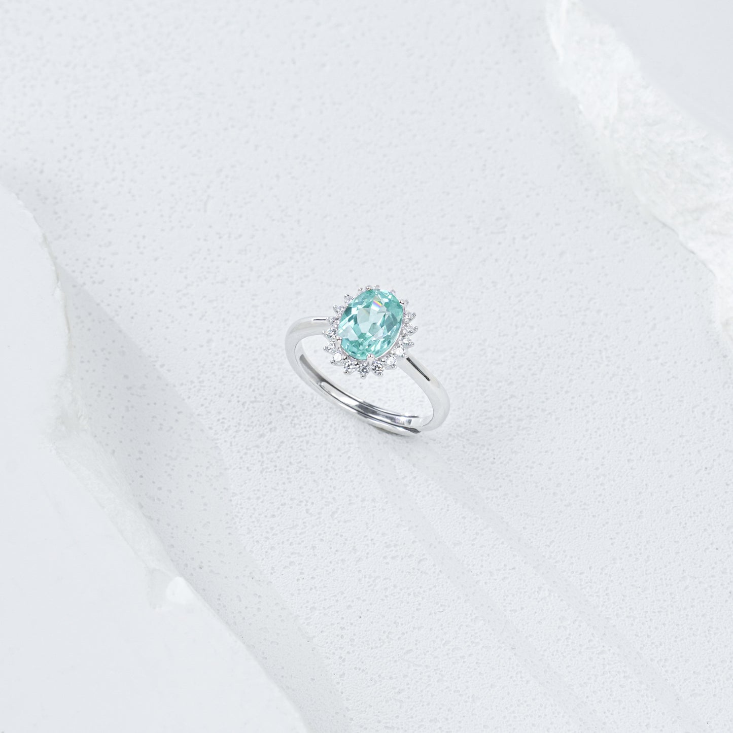S925 Silver Oval Paraiba Tsavorite Sunflower Multi-Diamond Halo Open Ring - Photo 4