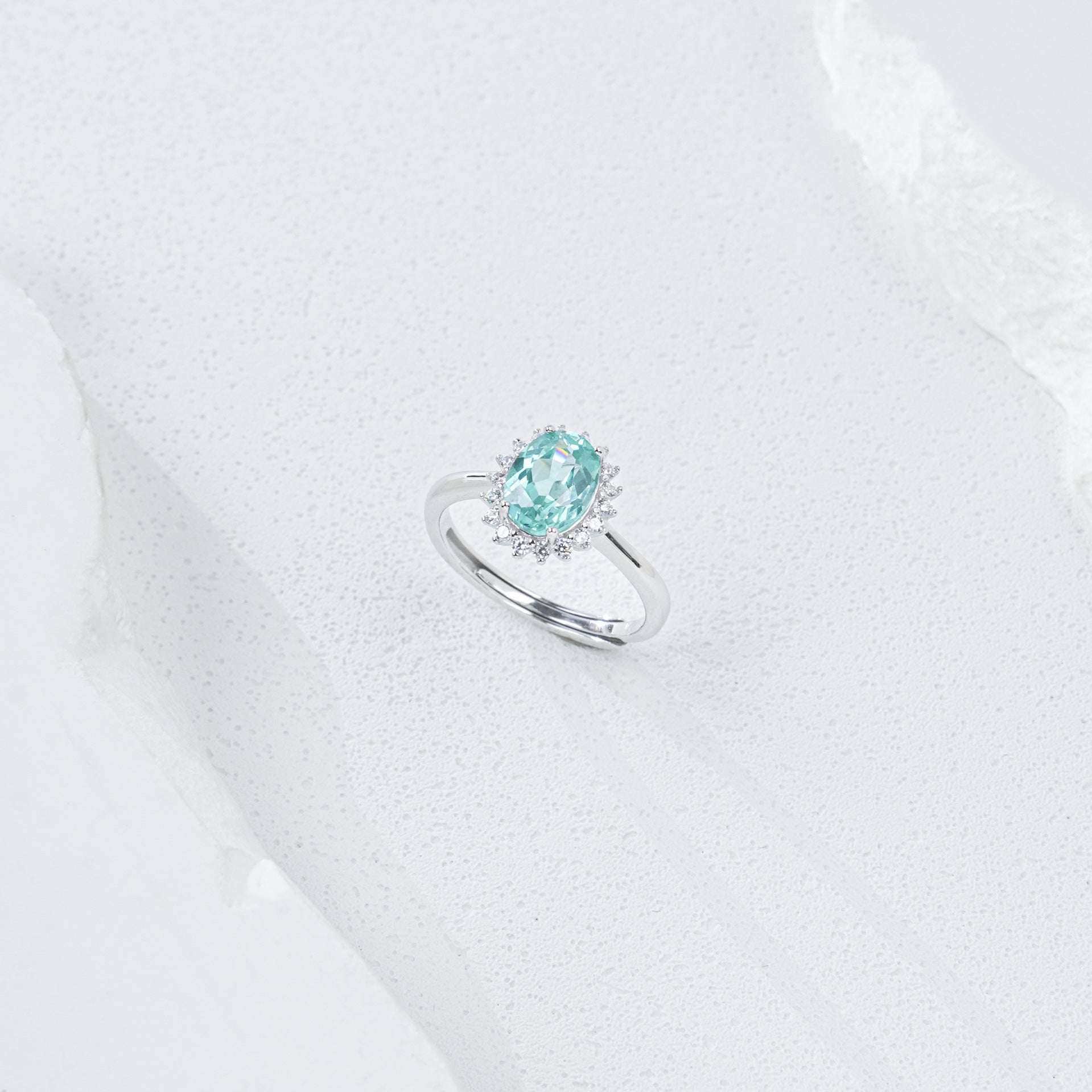 S925 Silver Oval Paraiba Tsavorite Sunflower Multi-Diamond Halo Open Ring - Photo 4