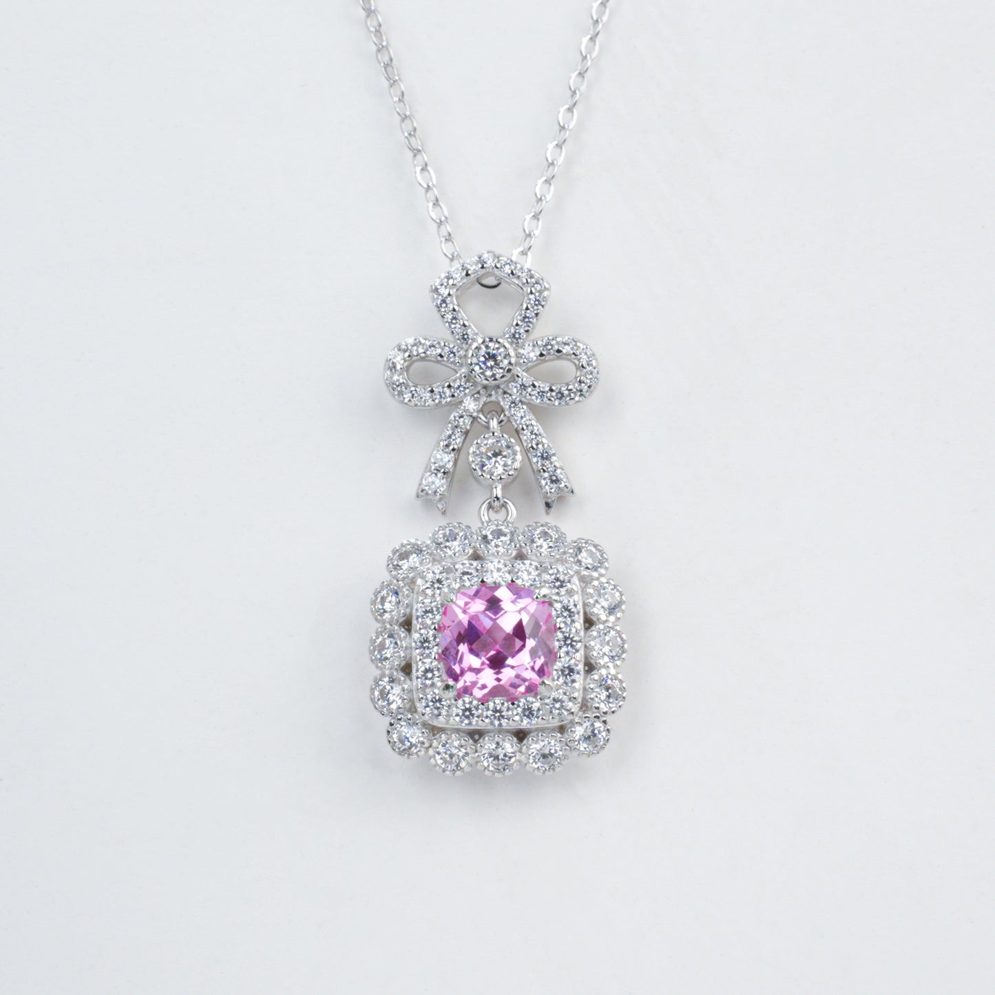 Lab Pink Sapphire Sugarloaf Pendant S925 Rhodium-Plated Bow, Choker Necklace - Photo 5