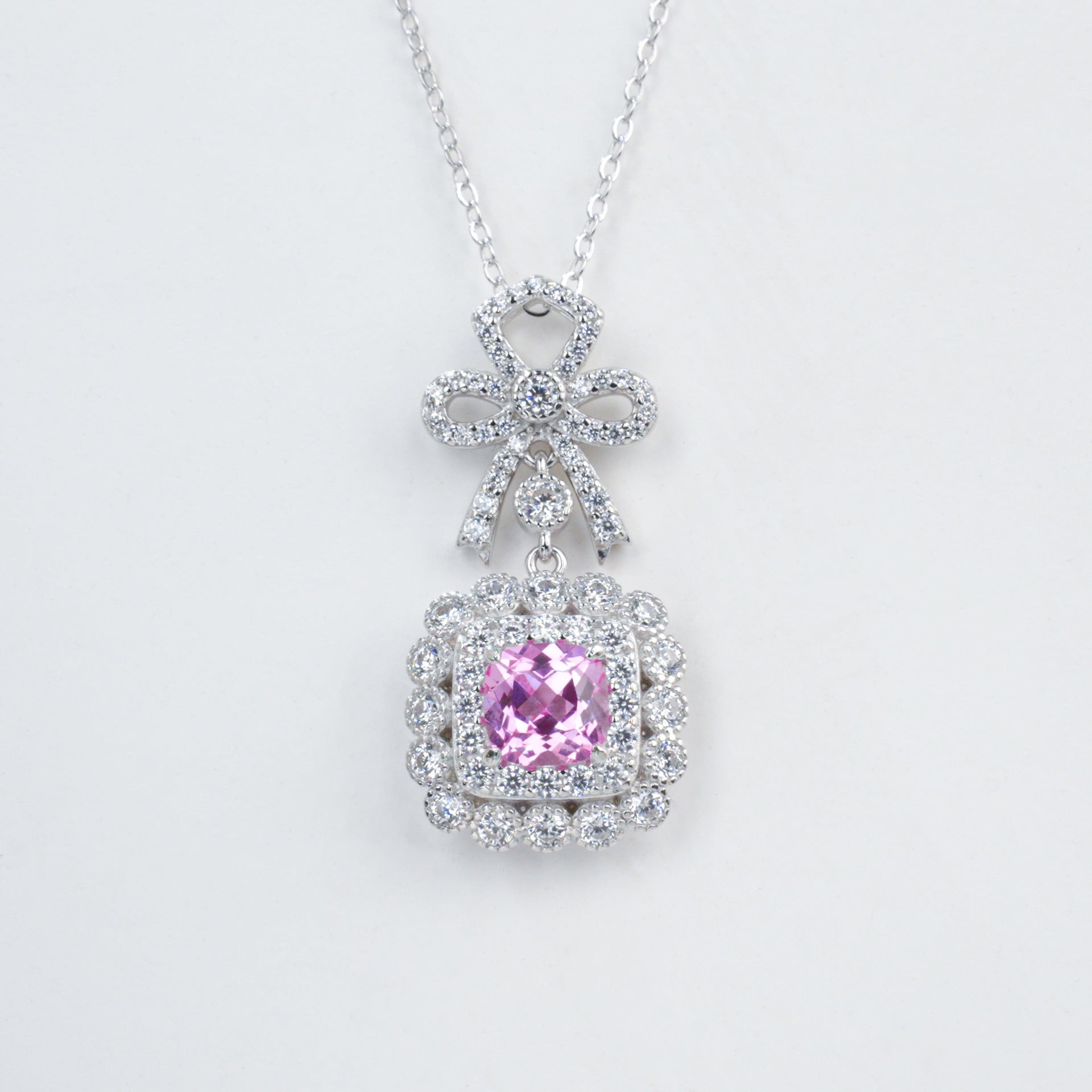 Lab Pink Sapphire Sugarloaf Pendant S925 Rhodium-Plated Bow, Choker Necklace - Photo 5