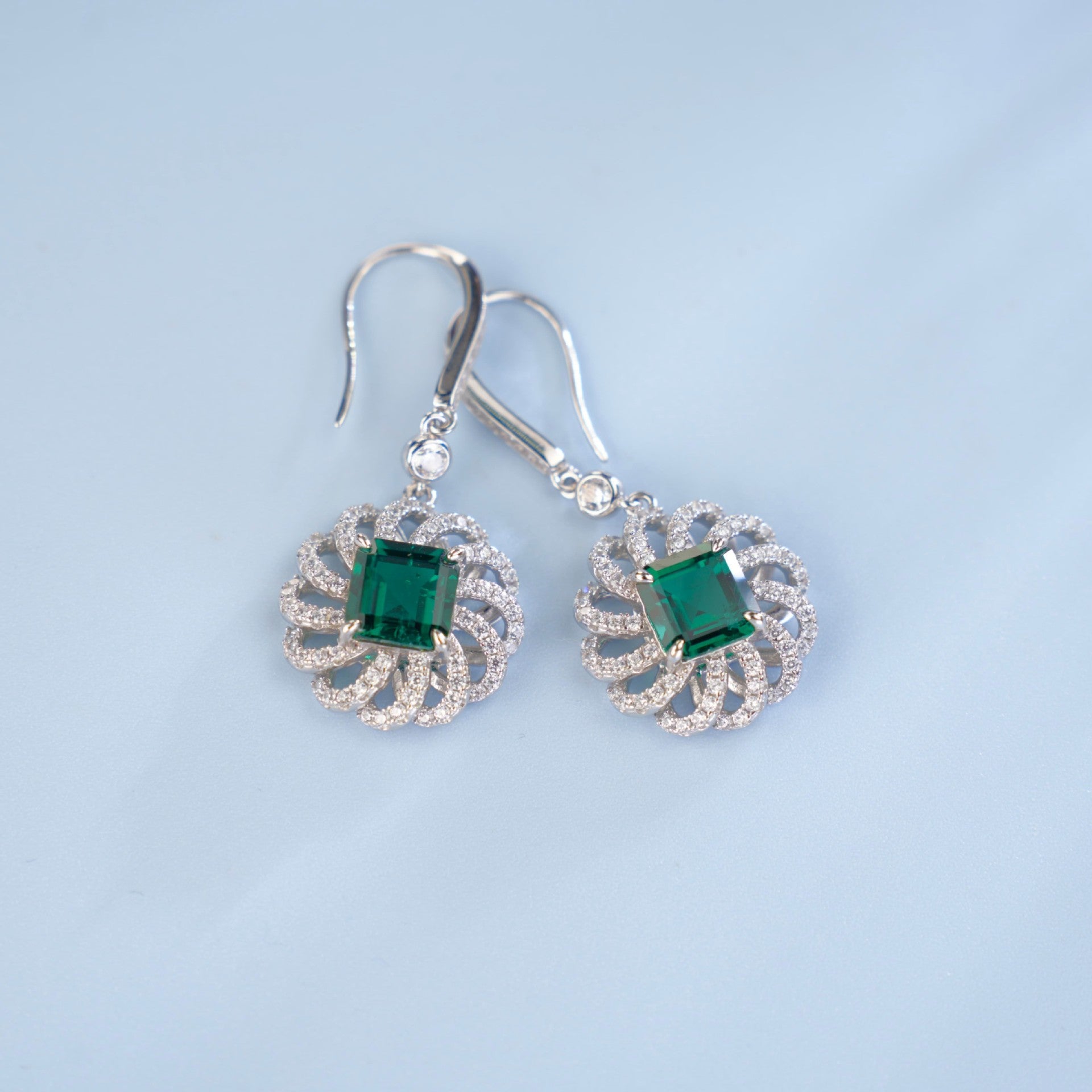 S925 Sterling Silver Lab Emerald Square Sunflower Halo Long Earrings, for Women - Photo 4