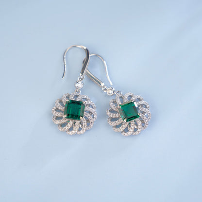 S925 Sterling Silver Lab Emerald Square Sunflower Halo Long Earrings, for Women - Photo 4