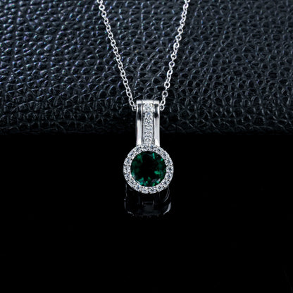 S925 Silver Lab Emerald Pendant Round Full Diamond Halo coloured Gemstone, Evening Gift - Photo 2