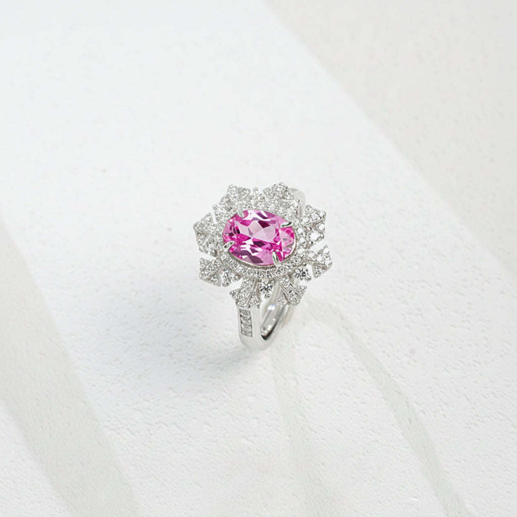 S925 Sterling Silver Lab Gemstone Snowflake Pave Open Ring, Premium Versatile - Photo 1