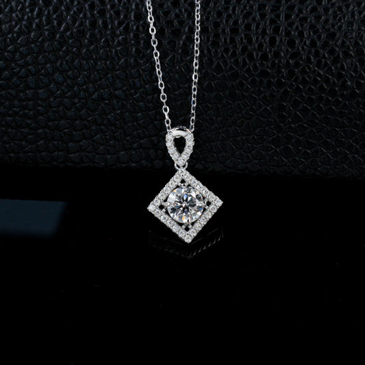 S925 Silver Diamond-Shaped Halo Pendant Necklace, Versatile Birthday Anniversary - Photo 3