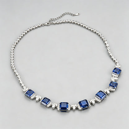 925 Sterling Silver Lab Sapphire Square Leaf Choker Necklace, Premium Wedding - Photo 6
