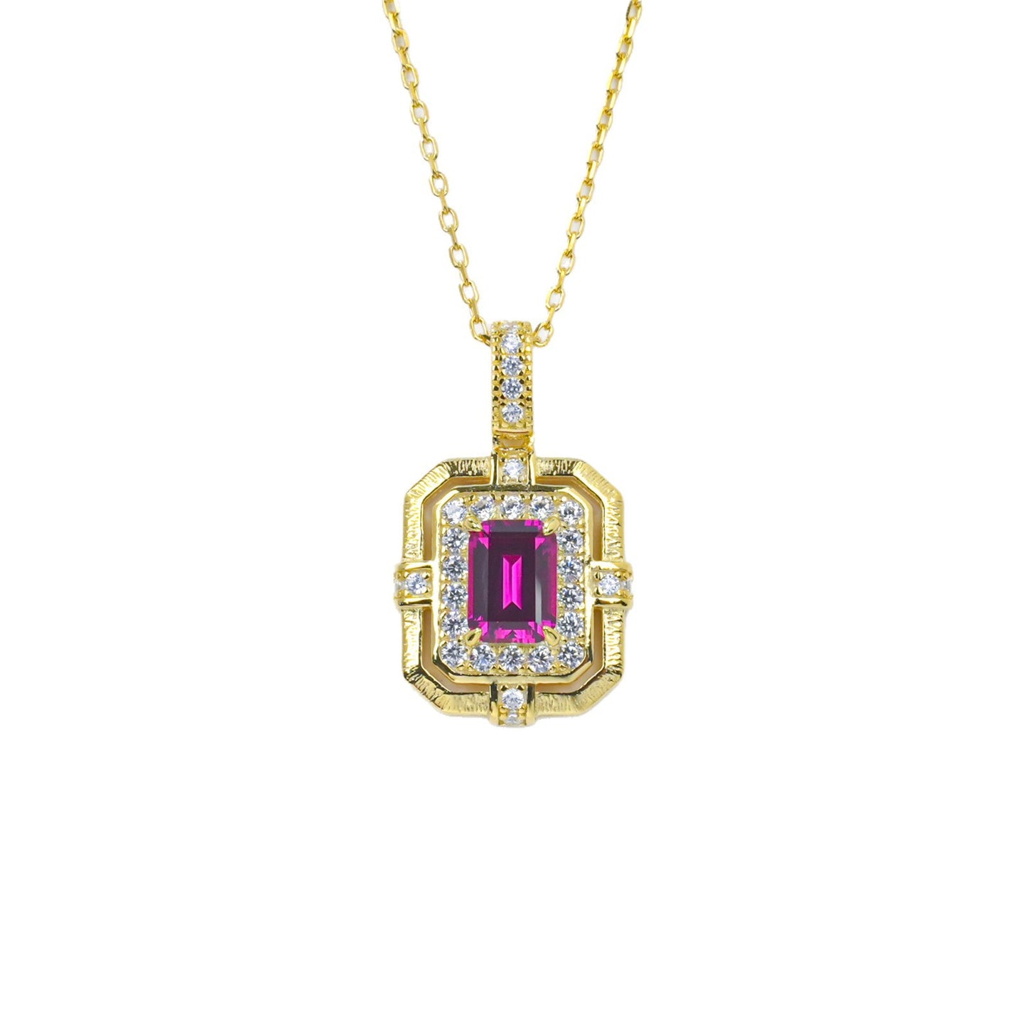Vintage Lab Ruby Square Plate Full Diamond Halo Brushed Gold-Plated Necklace - Photo 5