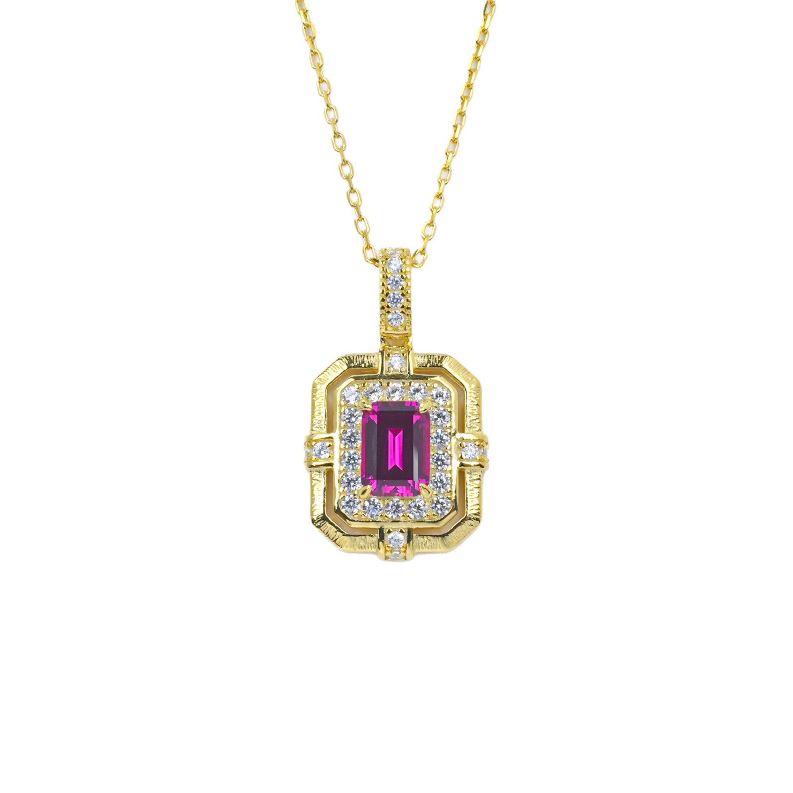 Vintage Lab Ruby Square Plate Full Diamond Halo Brushed Gold-Plated Necklace - Photo 5