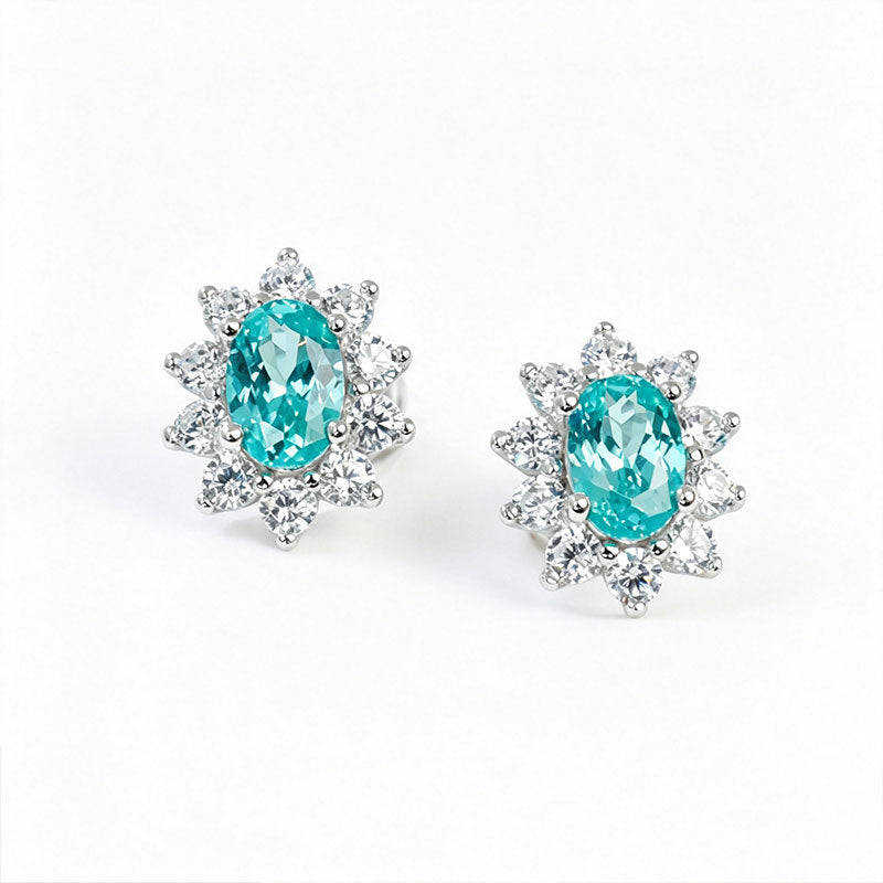 S925 Silver Oval Lab Paraiba Tsavorite Sunflower Halo Stud Earrings, Versatile - Photo 5
