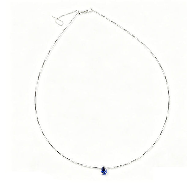 S925 Sterling Silver Lab Sapphire Teardrop Choker Necklace, Minimalist Premium - Photo 1