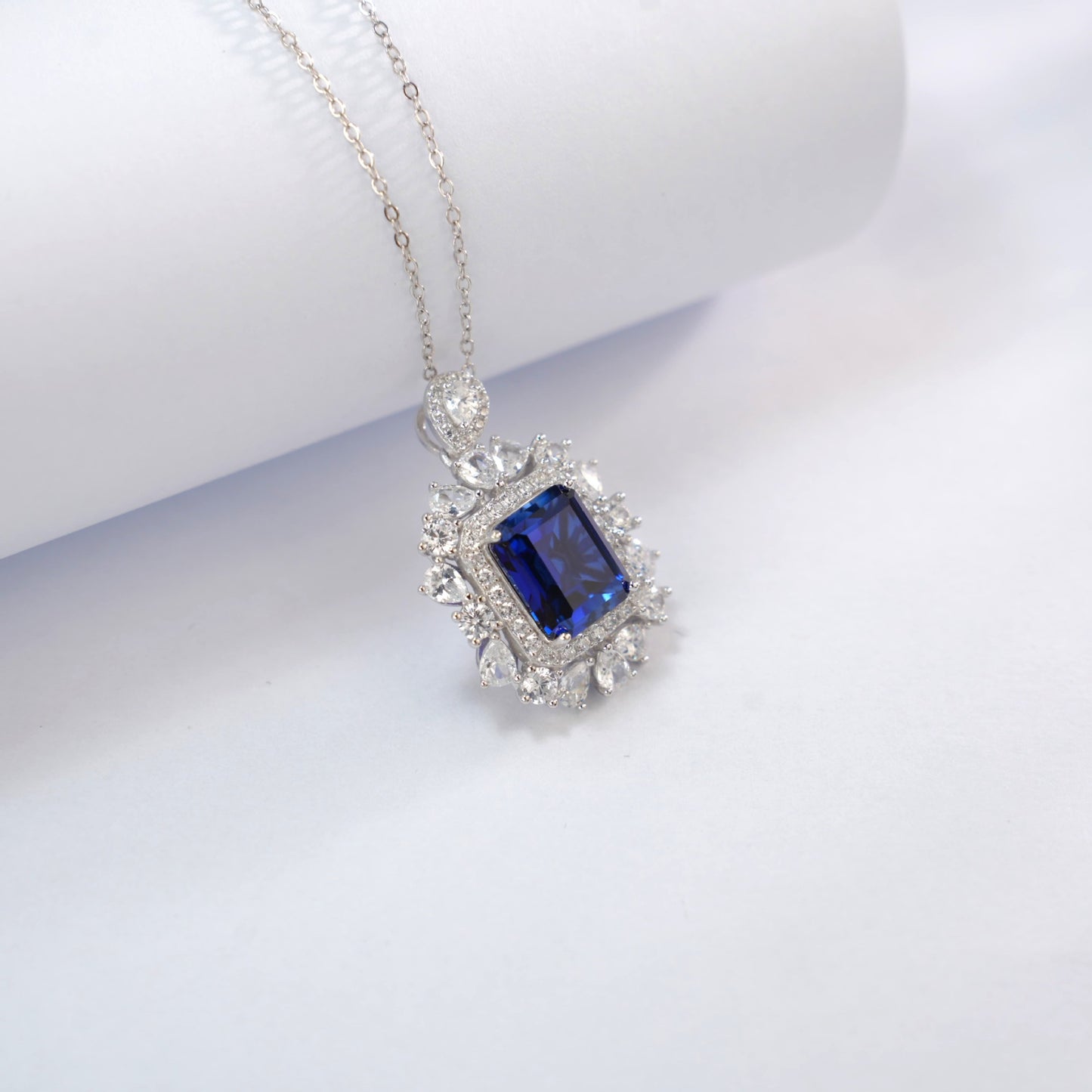 S925 Sterling Silver Lab Sapphire Necklace Square Premium - Photo 2