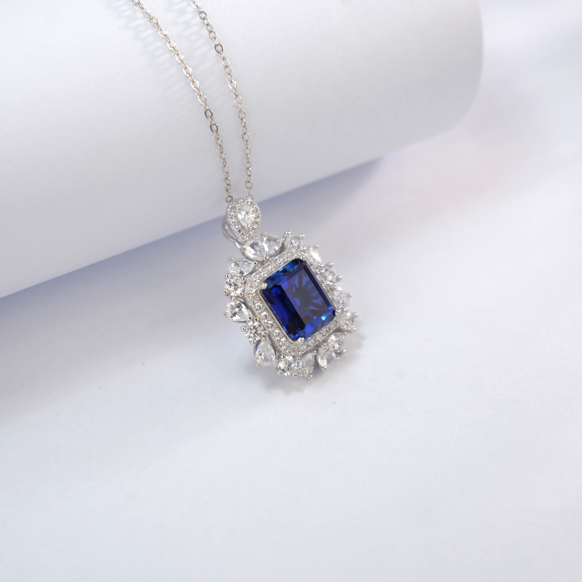 S925 Sterling Silver Lab Sapphire Necklace Square Premium - Photo 2