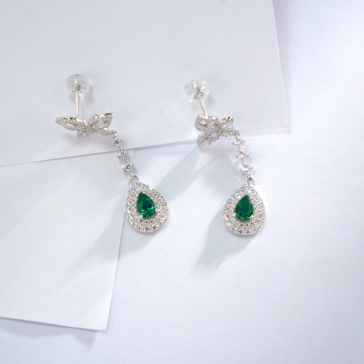 S925 Sterling Silver Lab Emerald Stud Earrings, Teardrop Butterfly Diamond - Photo 2