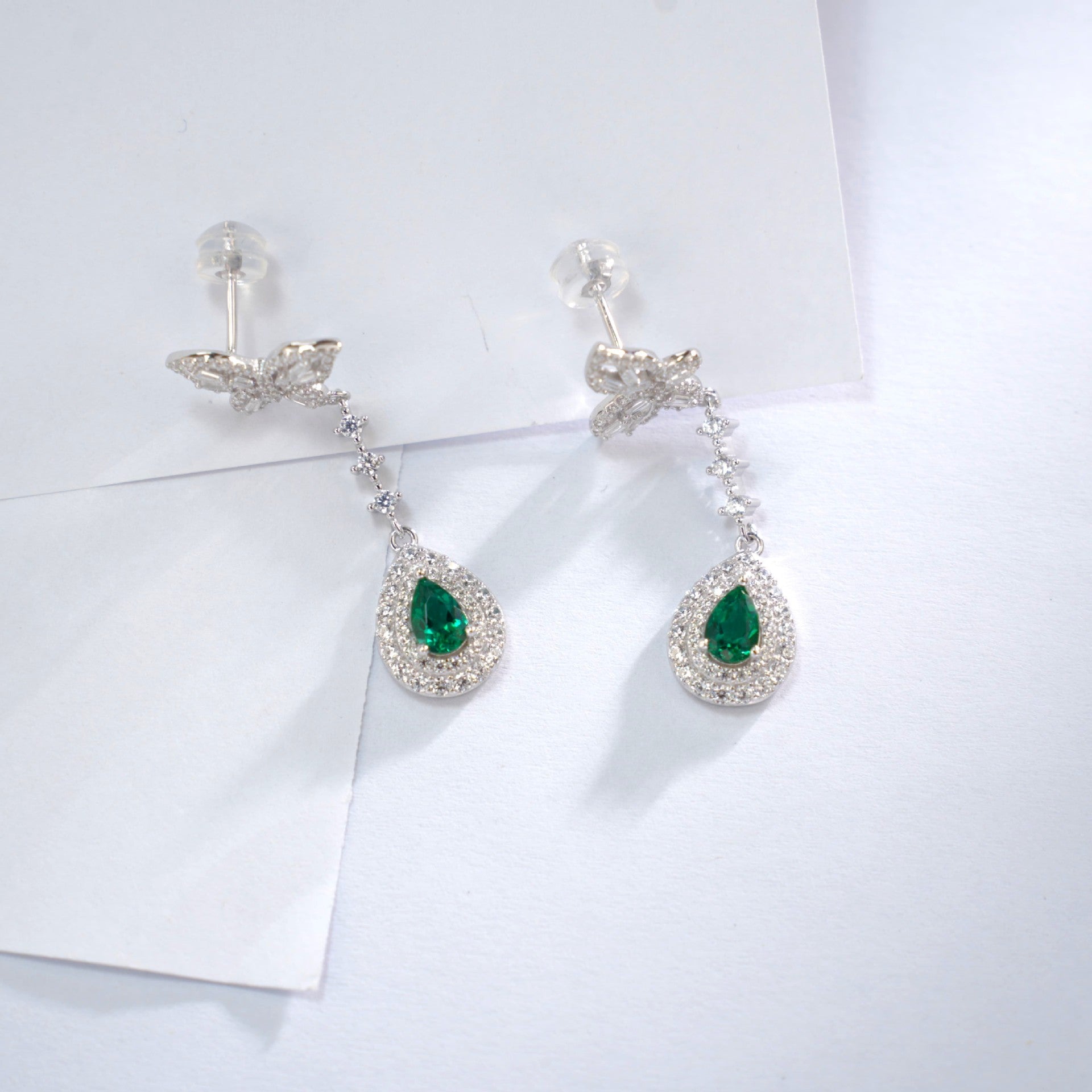 S925 Sterling Silver Lab Emerald Stud Earrings, Teardrop Butterfly Diamond - Photo 2