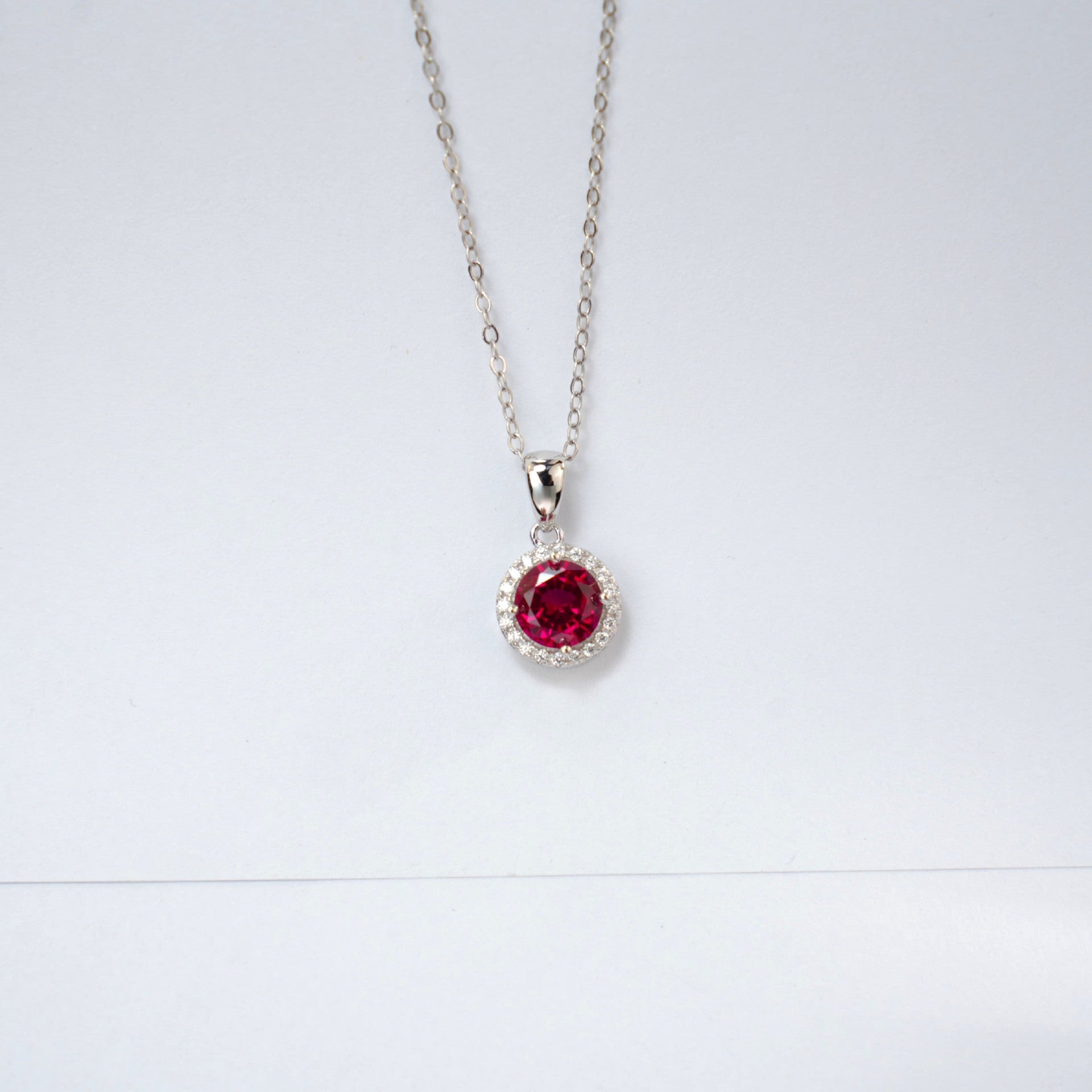 S925 Sterling Silver Lab Pigeon Blood Ruby Round Claw Pendant Choker, Delicate Elegant for Women - Photo 4