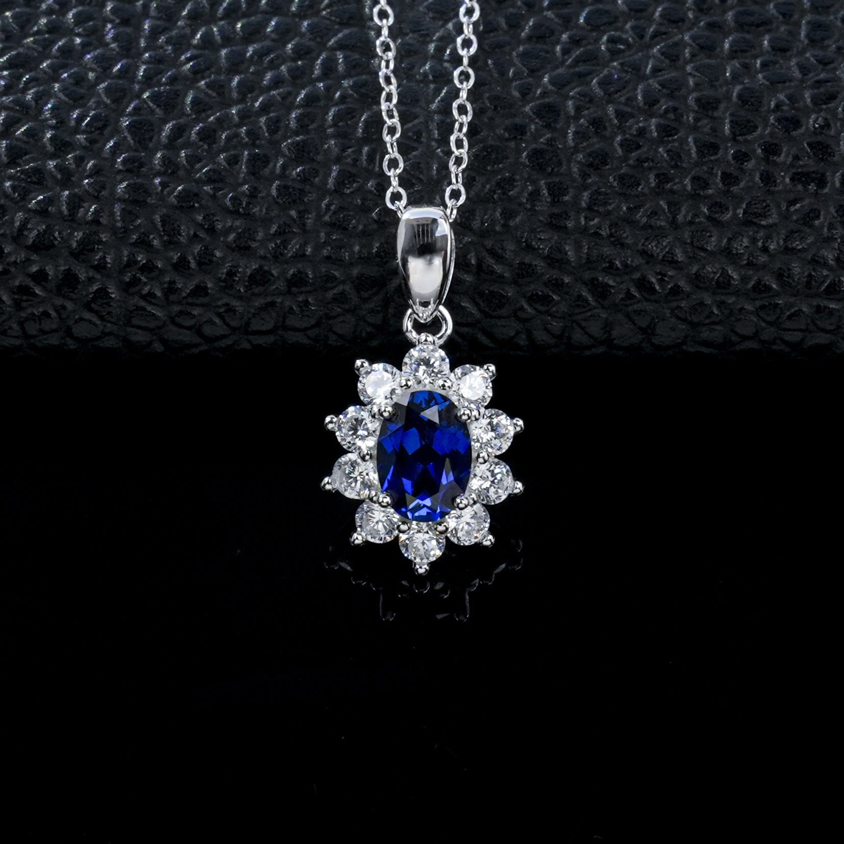 S925 Silver Oval Lab Sapphire Sunflower Diamond Pendant Necklace, Classic - Photo 2