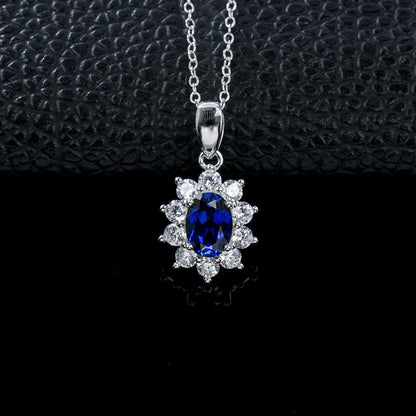S925 Silver Oval Lab Sapphire Sunflower Diamond Pendant Necklace, Classic - Photo 2