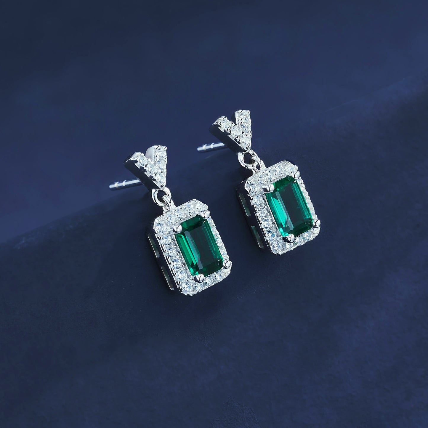 Lab Emerald S925 Silver Stud Earrings, Vintage Premium Princess - Photo 4