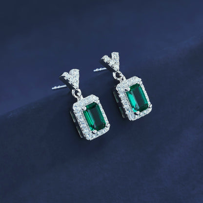 Lab Emerald S925 Silver Stud Earrings, Vintage Premium Princess - Photo 4