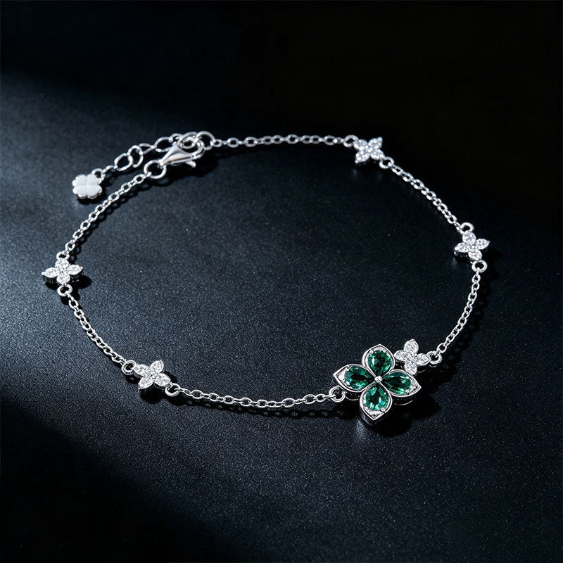 S925 Silver Four-Leaf Clover Lab Emerald Bracelet, Full Diamond Flower - Photo 4