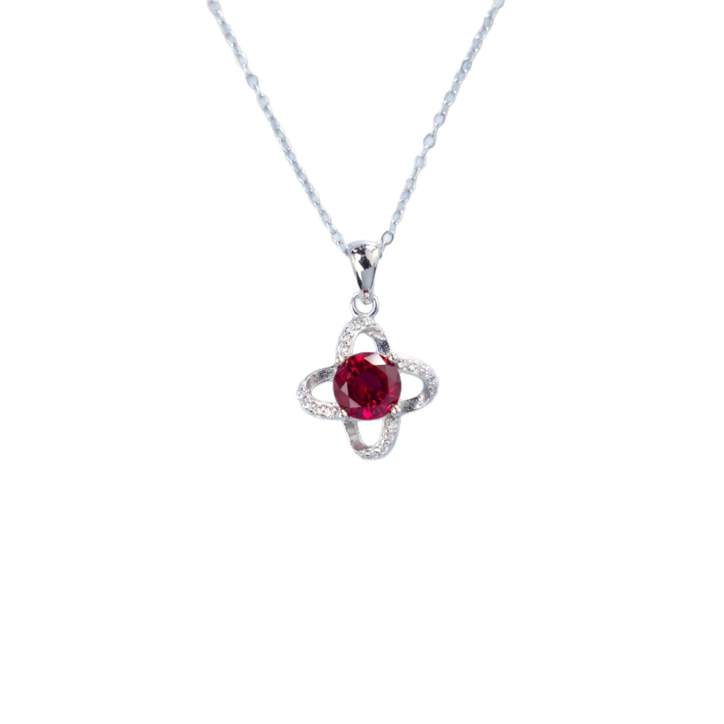 S925 Sterling Silver Lab Ruby Four-Leaf Clover Pendant Choker Necklace, Girlfriend Gift - Photo 5