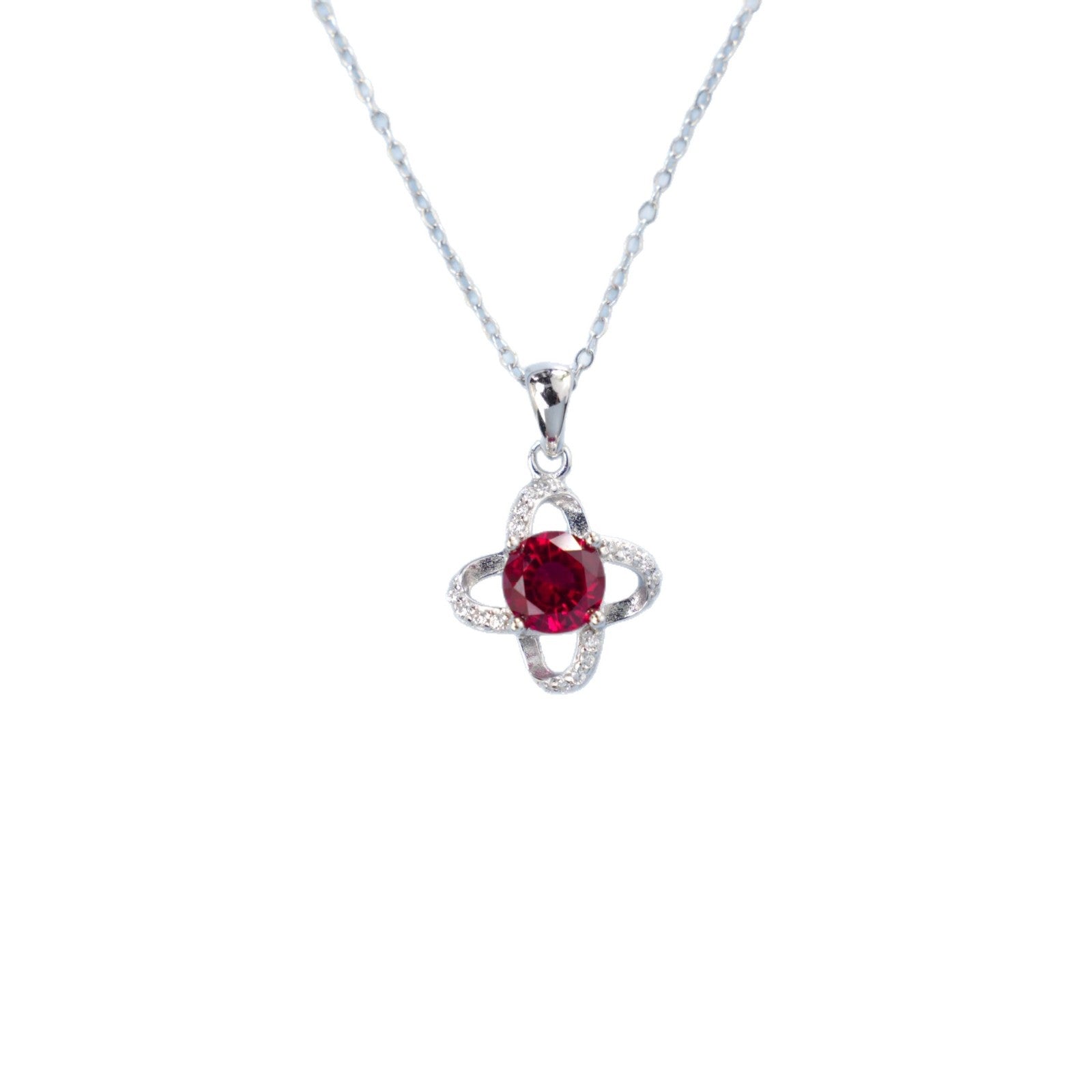 S925 Sterling Silver Lab Ruby Four-Leaf Clover Pendant Choker Necklace, Girlfriend Gift - Photo 5