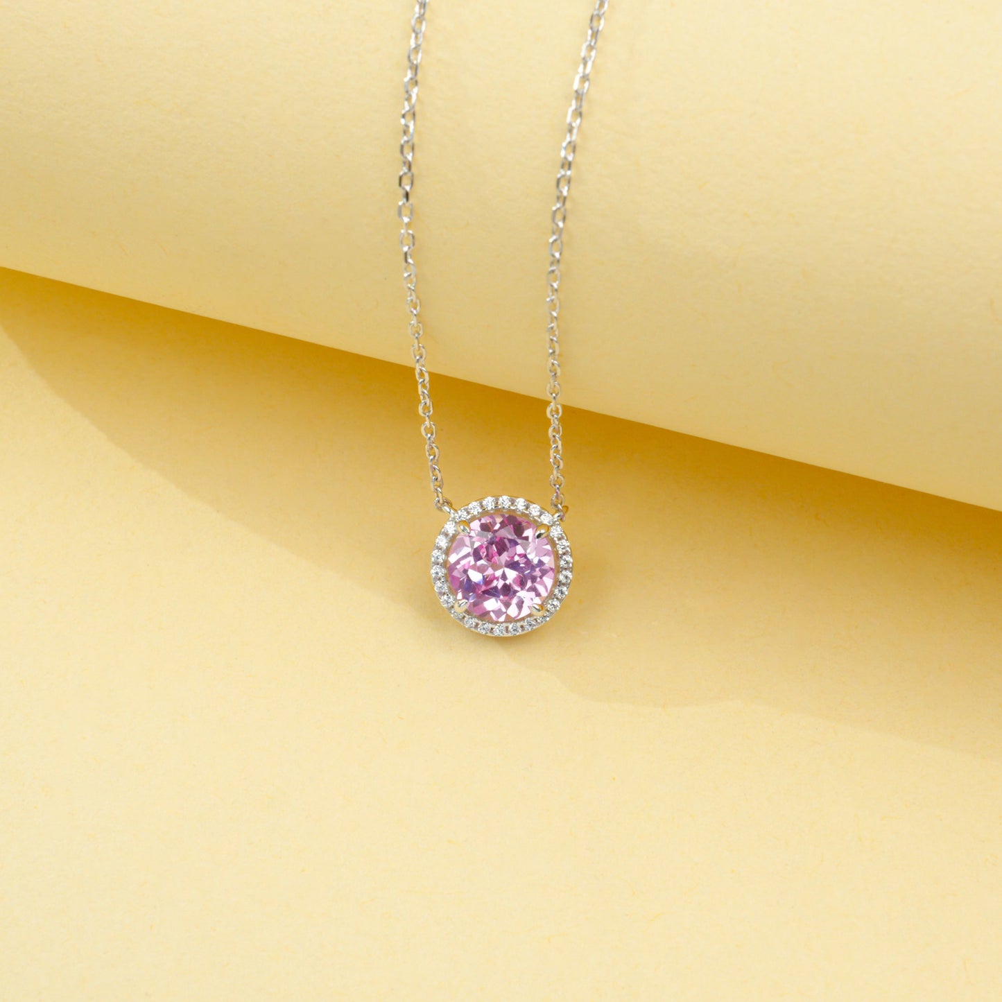 S925 Silver Classic Lab Pink Sapphire Single-Halo Necklace, Gentle Anniversary Gift - Photo 2