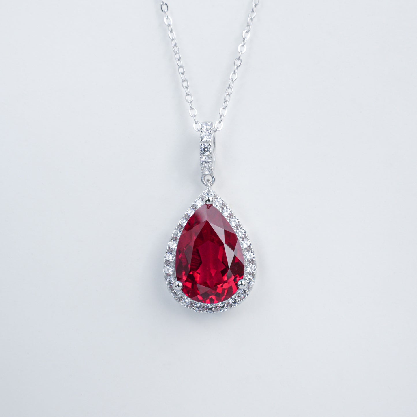 925 Sterling Silver Lab Ruby Teardrop Halo Pendant Choker, Elegant Jewellery - Photo 4
