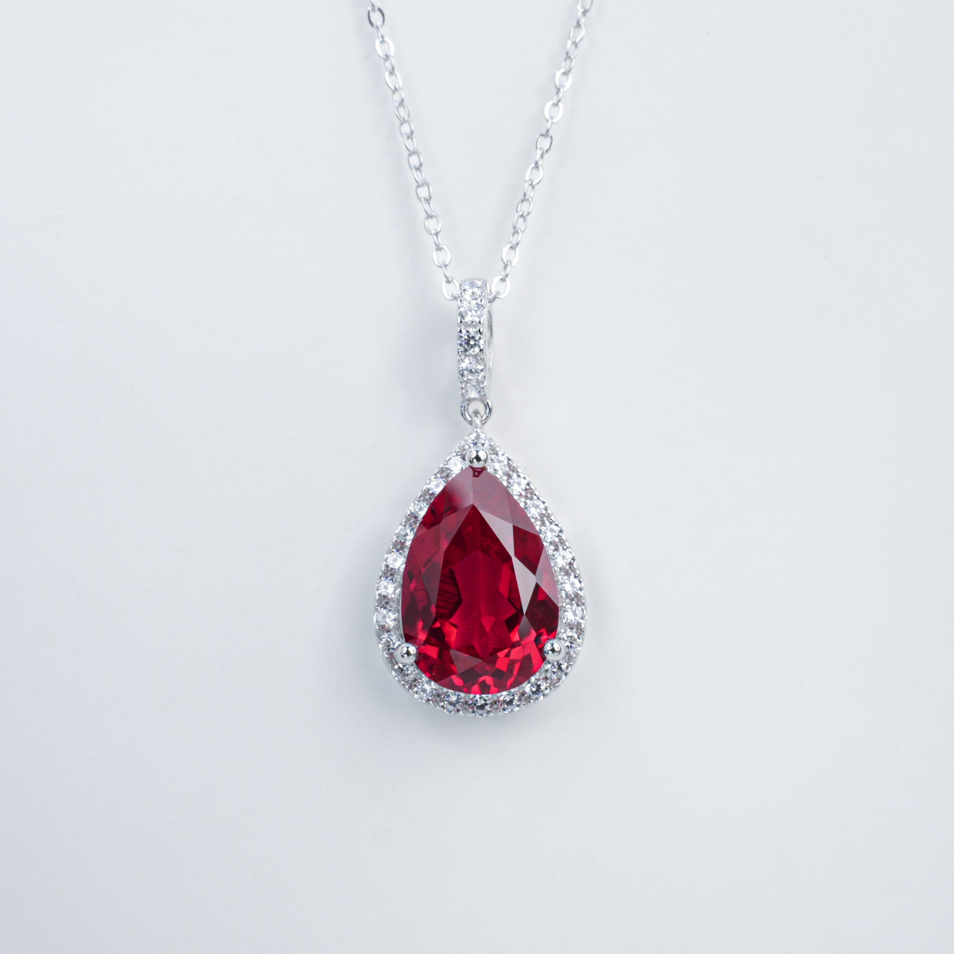 925 Sterling Silver Lab Ruby Teardrop Halo Pendant Choker, Elegant Jewellery - Photo 4