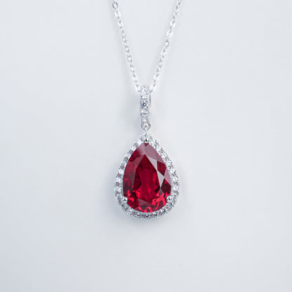 925 Sterling Silver Lab Ruby Teardrop Halo Pendant Choker, Elegant Jewellery - Photo 4
