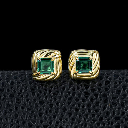 S925 Silver Vintage Wrap Princess-Cut Lab Emerald Stud Earrings, Geometric - Photo 2