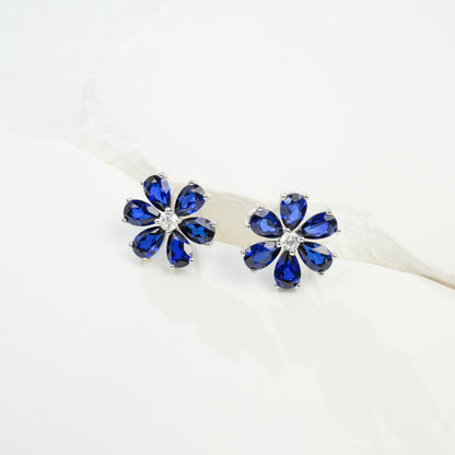 S925 Silver Petal Lab Sapphire Stud Earrings, Teardrop Gemstone Flower - Photo 2
