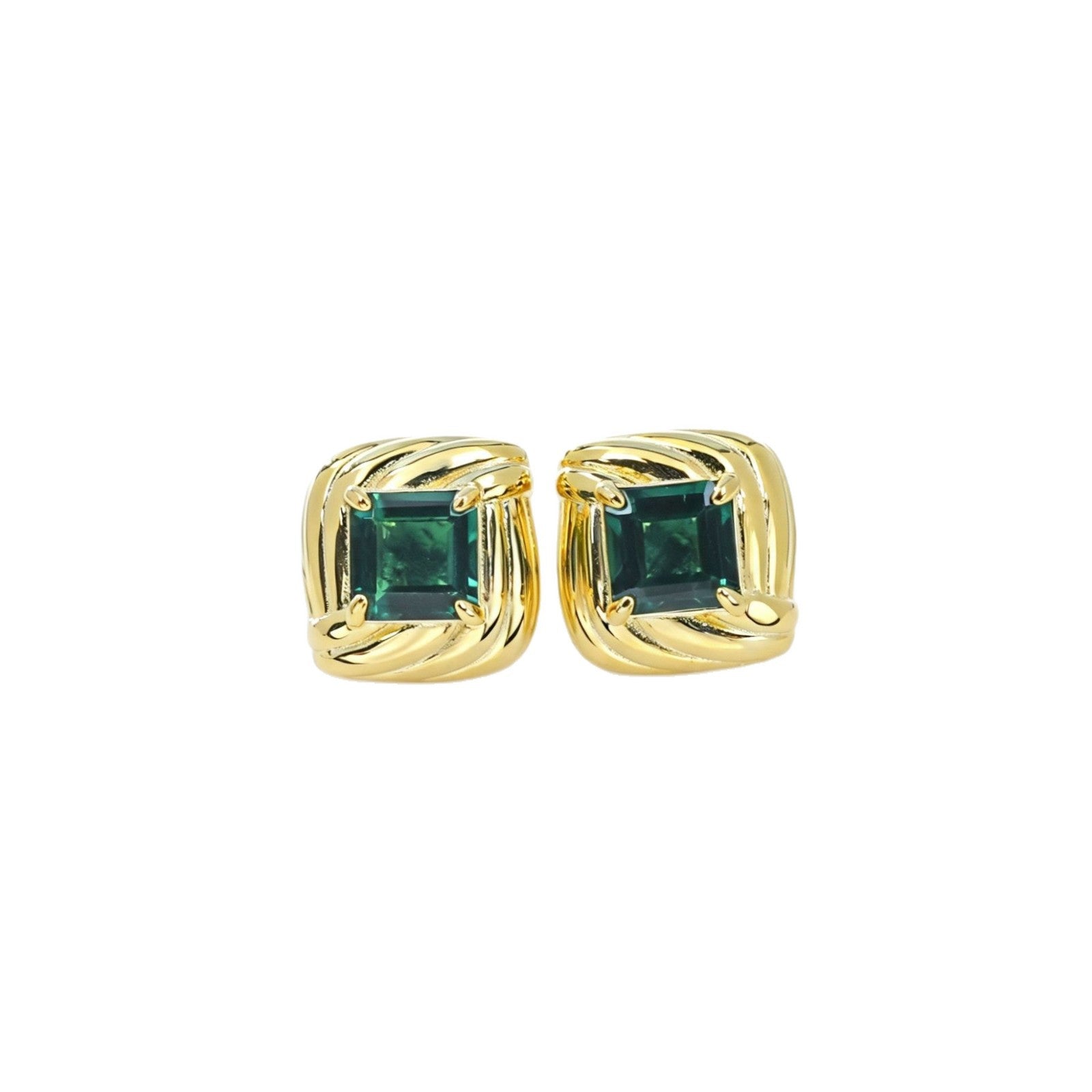 S925 Silver Vintage Wrap Princess-Cut Lab Emerald Stud Earrings, Geometric - Photo 5