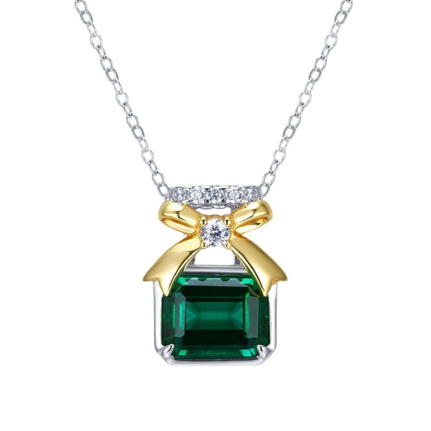 S925 Sterling Silver Bow Gift Box Emerald Pendant Necklace, Gold Versatile Premium - Photo 5