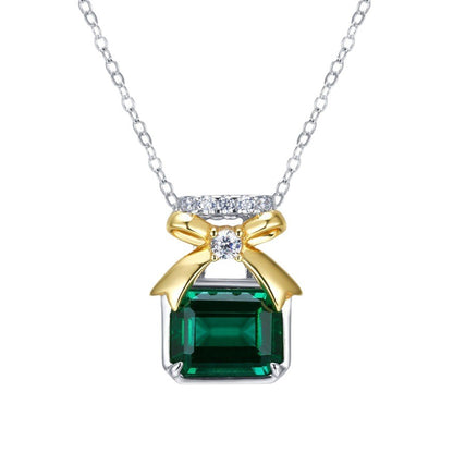 S925 Sterling Silver Bow Gift Box Emerald Pendant Necklace, Gold Versatile Premium - Photo 5