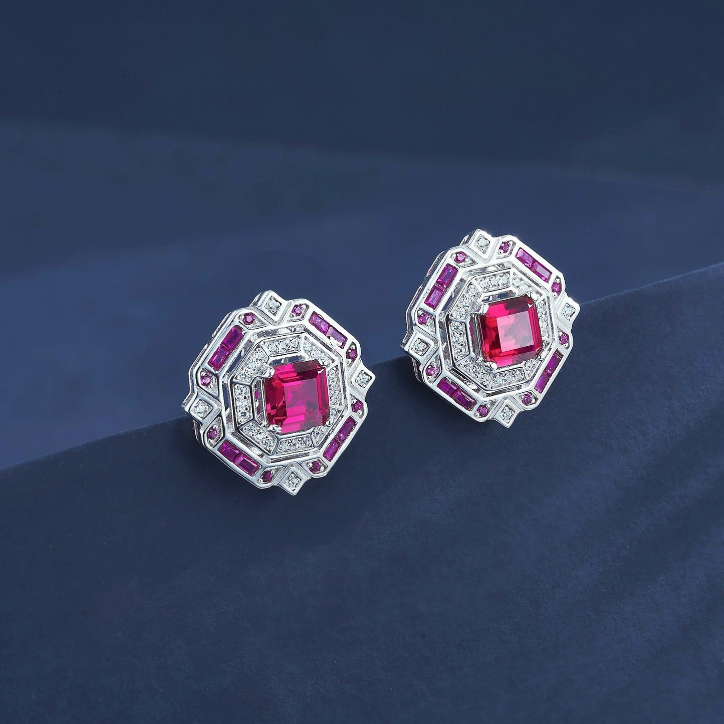 S925 Sterling Silver Lab Pigeon Blood Ruby Octagon Heavy-Craft Earrings, Premium for Women - Photo 3