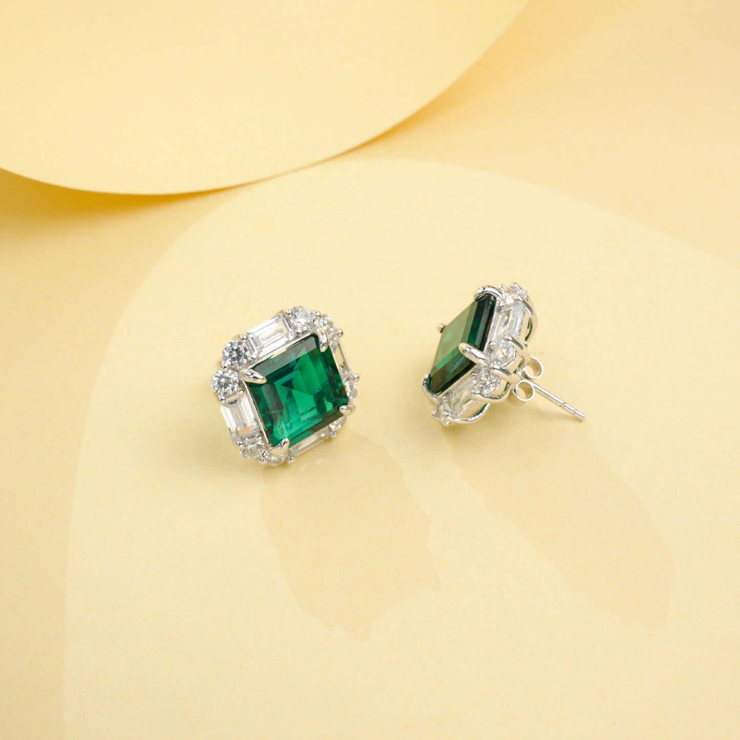S925 Silver Lab Emerald Stud Earrings Double-Layer Full Diamond Halo, Anniversary Versatile - Photo 3