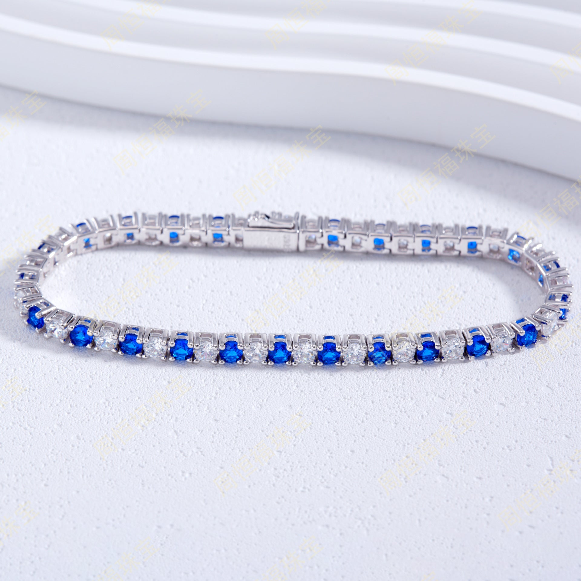 S925 Sterling Silver Lab Sapphire Pave Adjustable Tennis Bracelet, for Women - Photo 2