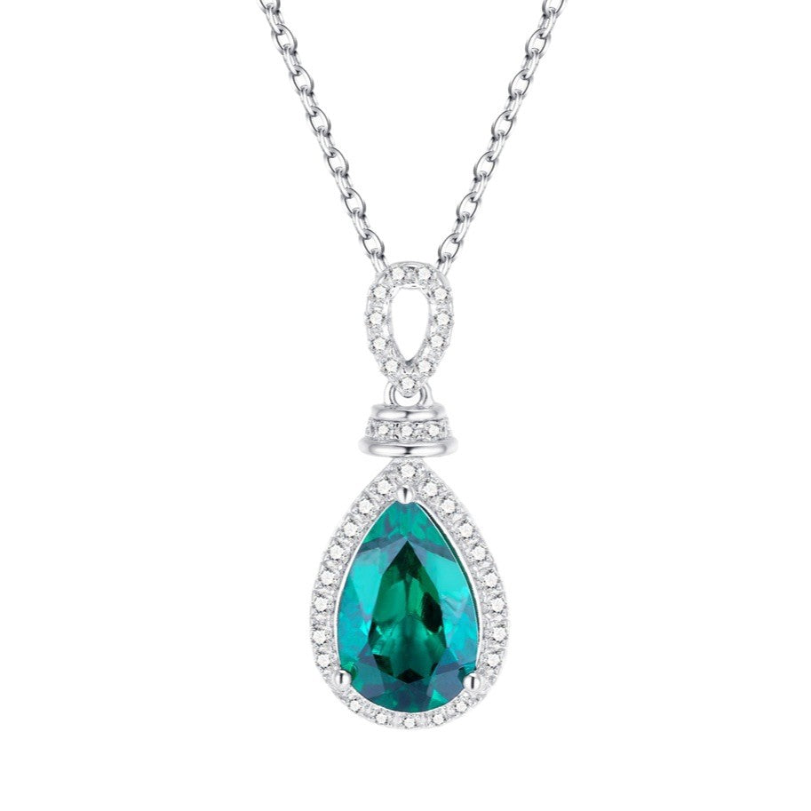 S925 Sterling Silver Lab Emerald Teardrop Halo Pendant Choker, Premium Elegant - Photo 5